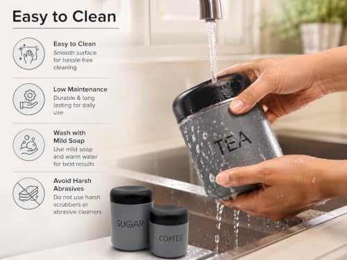Premium Tea Sugar Coffee Canister Set of 3, Modern Grey Colour with Black Lids, Stainless Steel Matte Storage Jars, Ideal for Gifting, Dishwasher Safe
